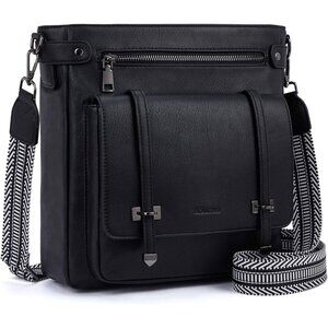Women’s Black Leather Multi-Pocket Travel Purse Crossbody Bag